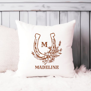 Floral Horseshoe Brown Country Western Monogram Throw Pillow