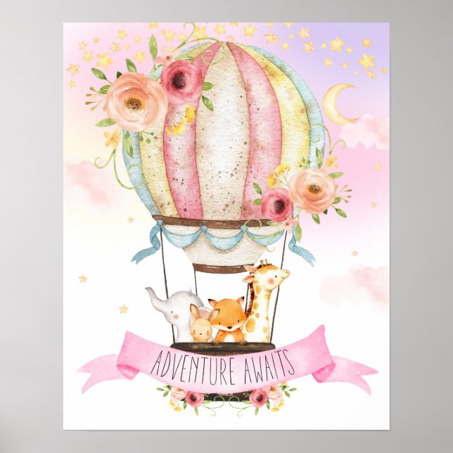 Floral Hot Air Balloon Animals Adventure Awaits Poster (Front)