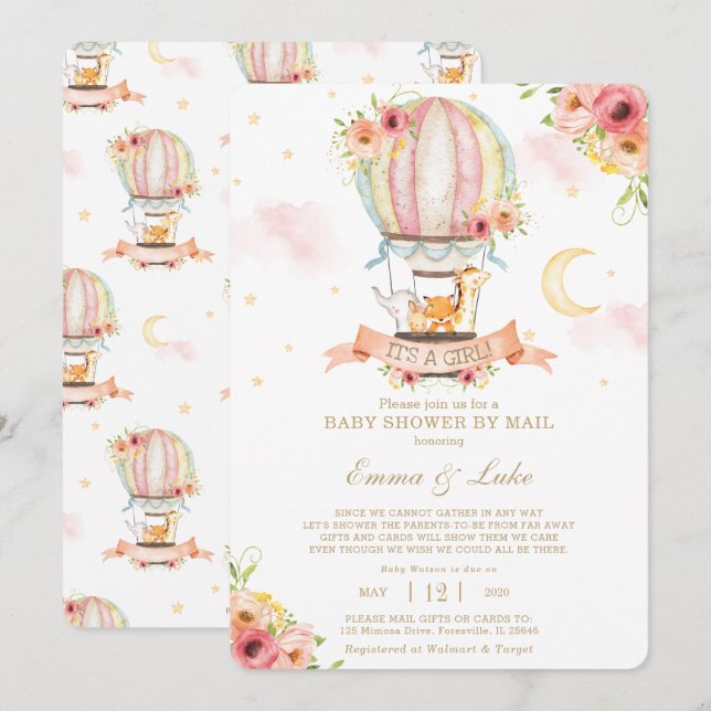 Floral Hot Air Balloon Animals Baby Shower by Mail Invitation (Front/Back)