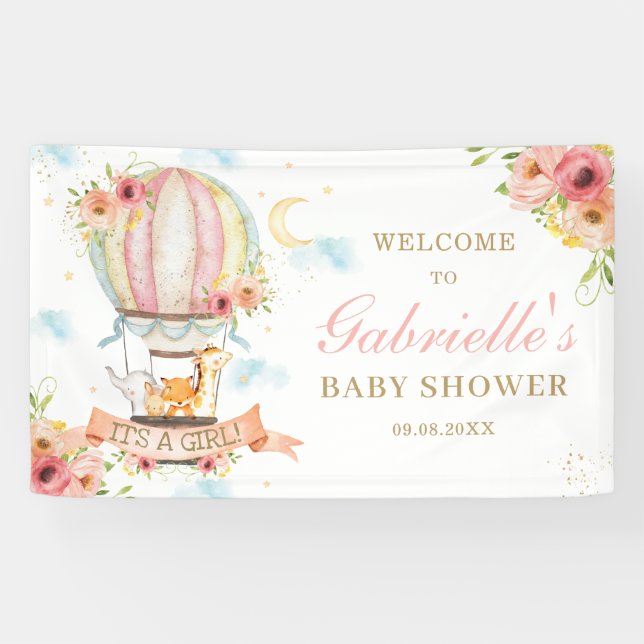 Floral Hot Air Balloon Animals Welcome Backdrop Banner (Horizontal)