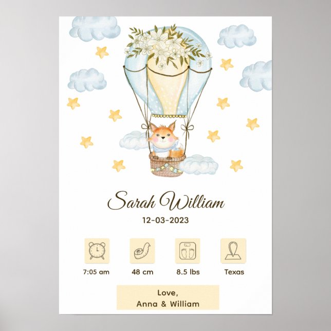Floral Hot Air Balloon Baby Fox Birth Stats  Poster (Front)