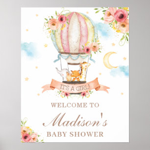 Floral Hot Air Balloon Baby Shower Animals Welcome Poster