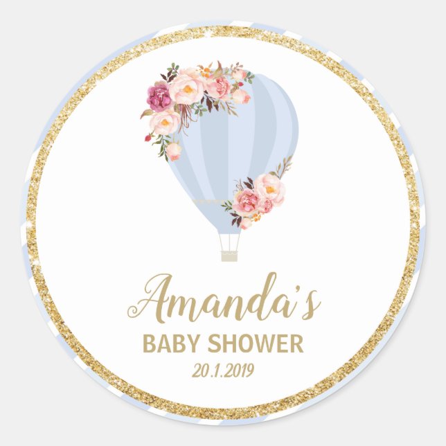 Floral Hot Air Balloon Baby Shower Blue Thank You Classic Round Sticker (Front)