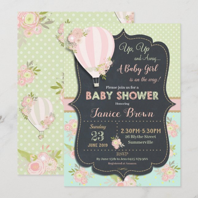 Floral Hot Air Balloon Baby Shower Invitation Girl (Front/Back)