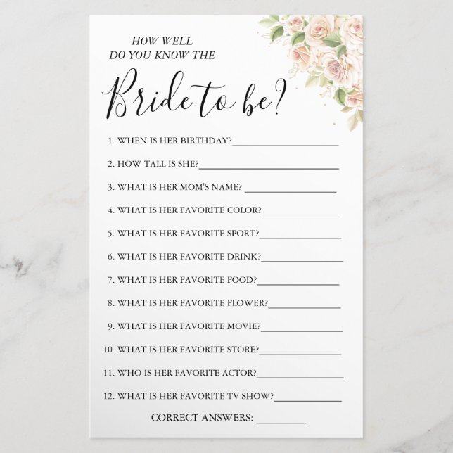 Floral How well do you know bride game card (Front)