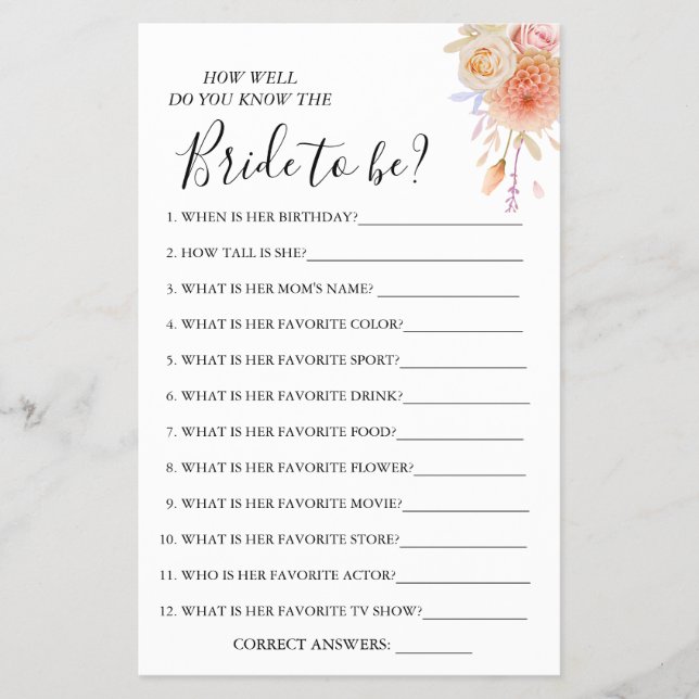 Floral How well do you know bride game card (Front)