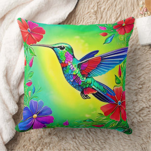 Floral Hummingbird Art Design Throw Pillow