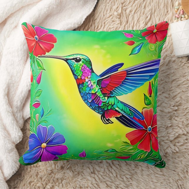 Floral Hummingbird Art Design Throw Pillow (Blanket)