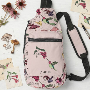 Floral Hummingbird Custom Name Pink Modern Sling Bag