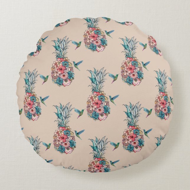 Floral Hummingbird Tropical Pineapples Cream Round Pillow (Front)