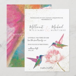 Floral Hummingbirds Gold Watercolor Wedding Invitation