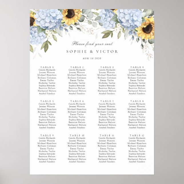 Floral Hydrangea 12 Table Wedding Seating Chart (Front)