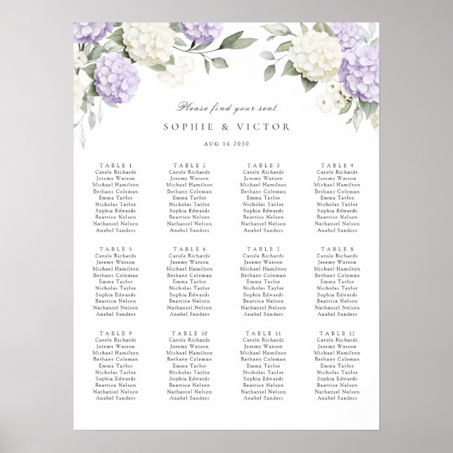 Floral Hydrangea 12 Table Wedding Seating Chart (Front)