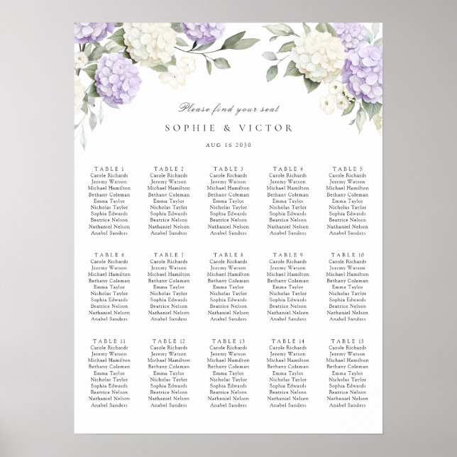 Floral Hydrangea 15 Table Wedding Seating Chart (Front)