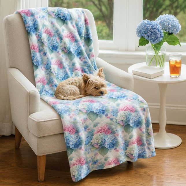 Floral Hydrangea Fleece Blanket Blue & Pink  (Spring floral fleece blanket mockup showcasing true color, texture, and cozy seasonal style)