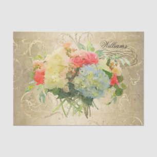 Floral Hydrangea Roses Gold Monogram Name Tissue Paper