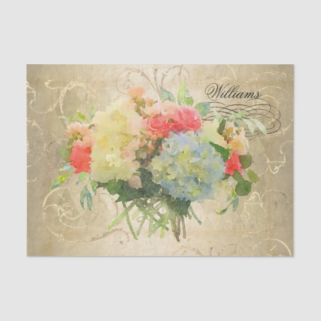 Floral Hydrangea Roses Gold Monogram Name Tissue Paper (Front)