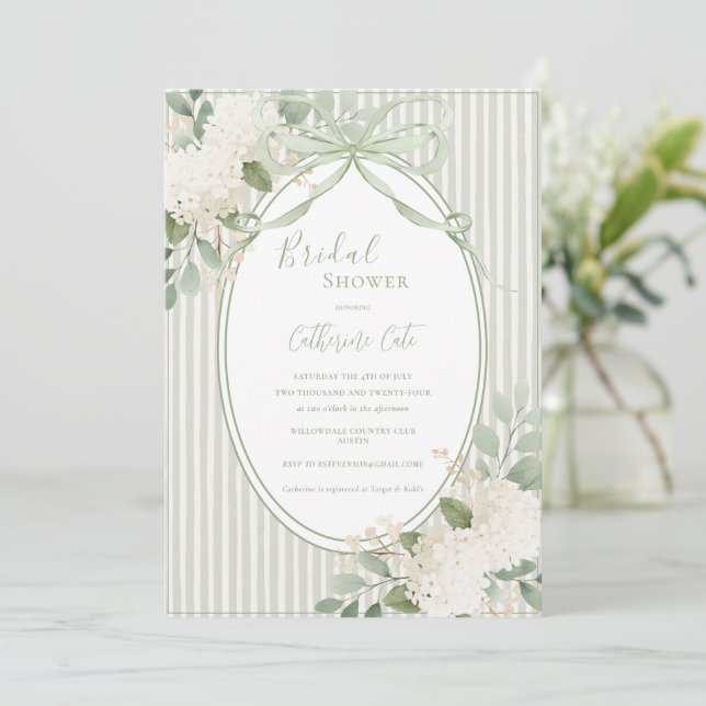 Floral Hydrangeas Sage Green Whimsical Bridal  Invitation (Standing Front)