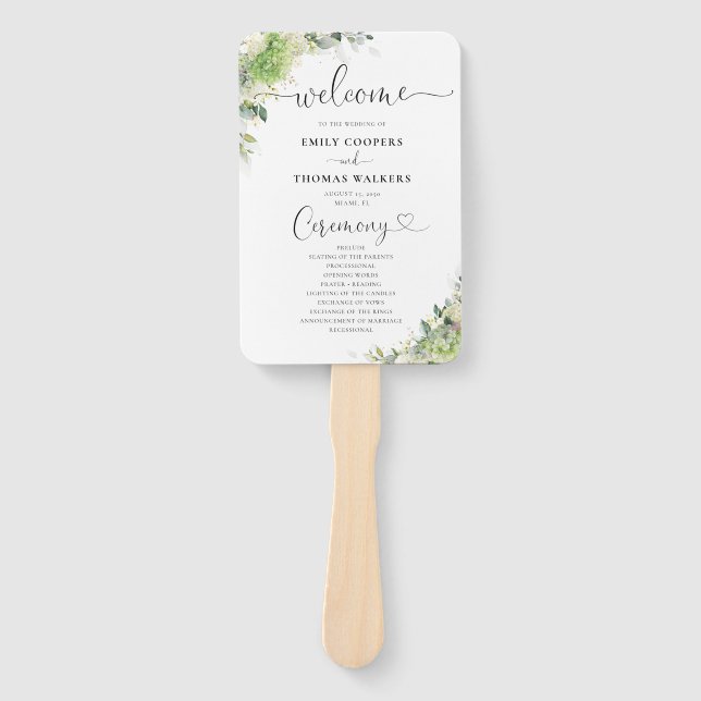 Floral Hydrangeas Wedding Program Hand Fan (Front)