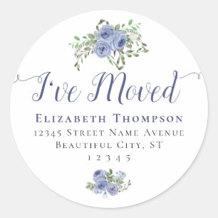 Floral I Have Moved New Address Blue Modern Moving Classic Round Sticker