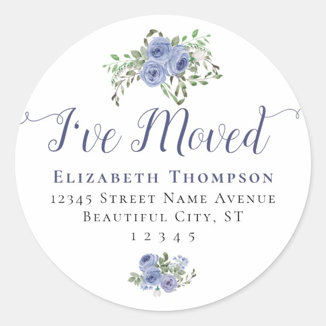 Floral I Have Moved New Address Blue Modern Moving Classic Round Sticker (Front)