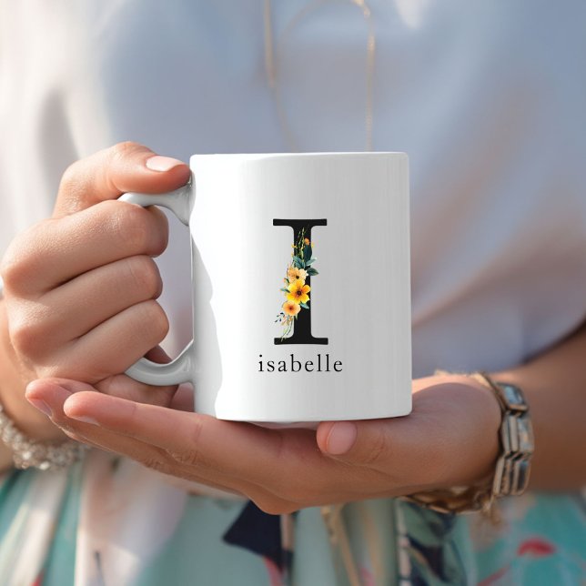 Floral I Monogram Mug with Editable Name (Floral I Monogram Mug with Editable Name. Yellow, Orange & Greenery Watercolor Flowers.)