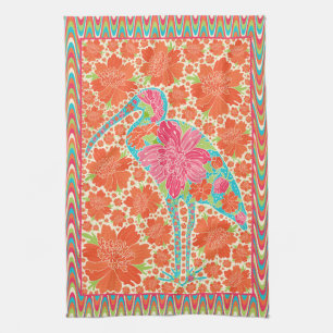Floral Ibis Bird Retro Wavy Border Design Kitchen Towel