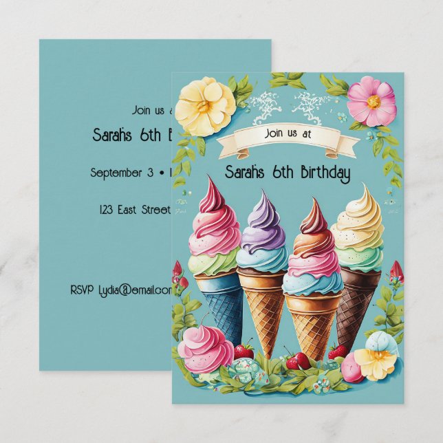 Floral Ice Cream Delight Invitation (Front/Back)