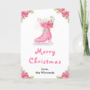 Floral Ice Skate Pink Merry Christmas Holiday Card