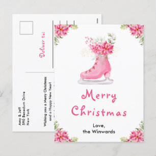 Floral Ice Skate Pink Merry Christmas Holiday Postcard
