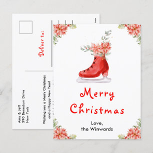 Floral Ice Skate Red Merry Christmas Holiday Postcard