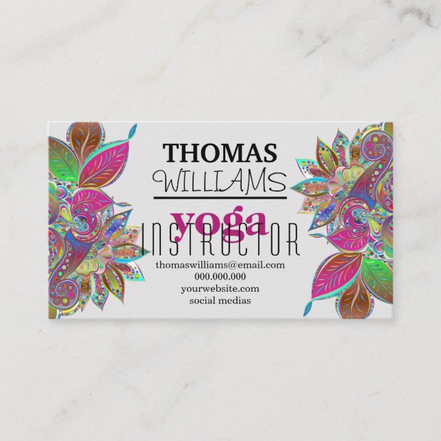 Floral illustration yoga instructor Mandala Henna  Business Card (Front)
