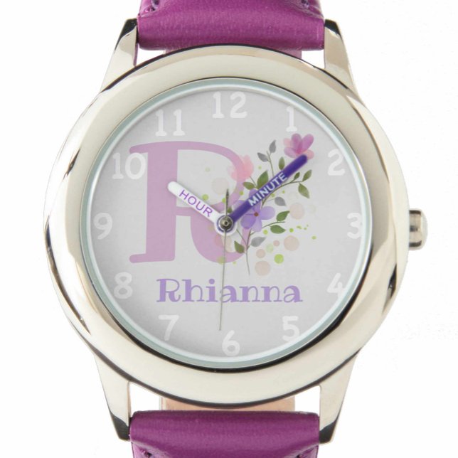 Floral Image with Numerals, Name & Initial Child's Watch (Creator Uploaded)
