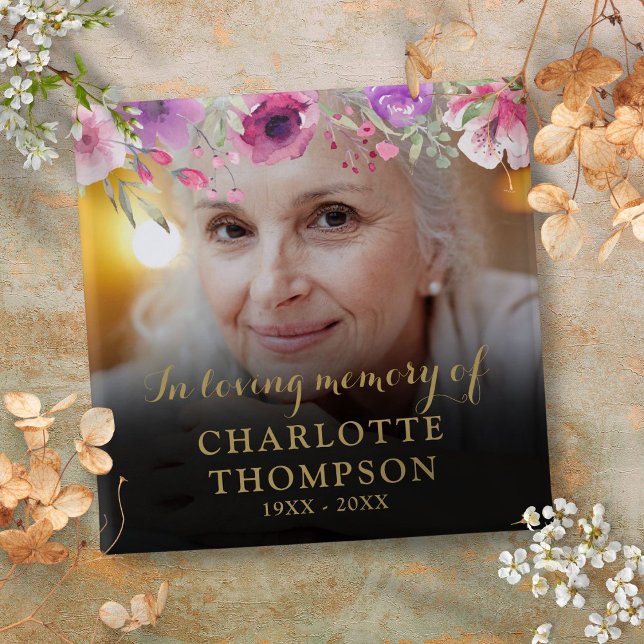 Floral In Loving Memory Funeral Photo 2 Inch Square Button (Floral In Loving Memory Funeral Photo Button)