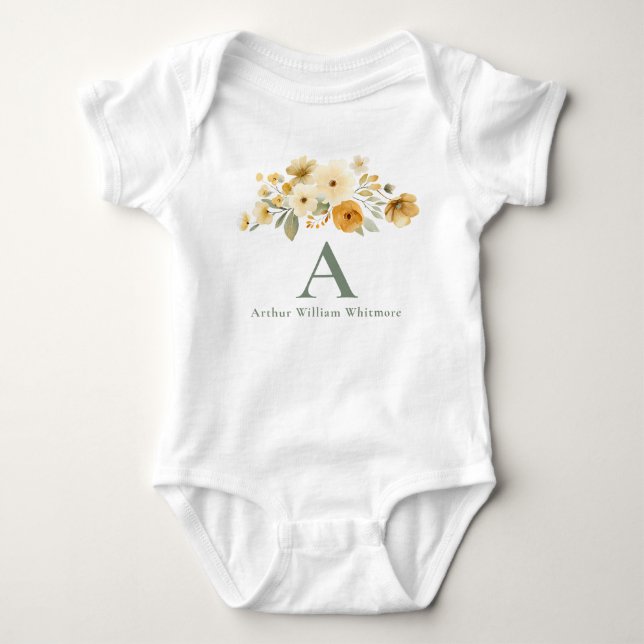 Floral Initial Baby Bodysuit | Sage Green Monogram (Front)