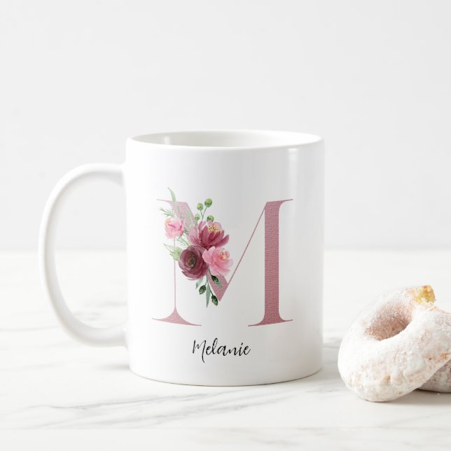 Floral Initial M Burgundy Roses Editable Name Coffee Mug (With Donut)