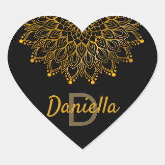 Floral initial monogram gold personalized mandala heart sticker