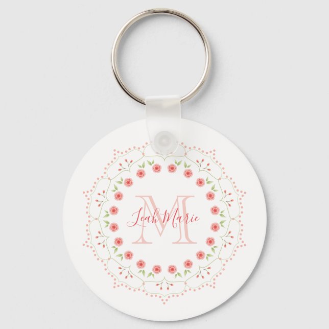 Floral Initial Monogram Pink Mandala Personalized Keychain (Front)