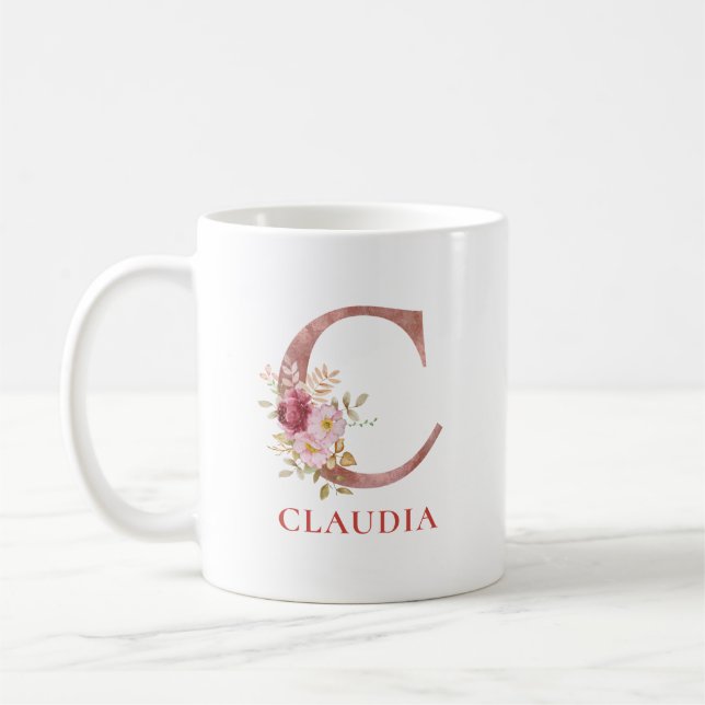 Floral Initial Personalized Name Elegant Monogram  Coffee Mug (Left)