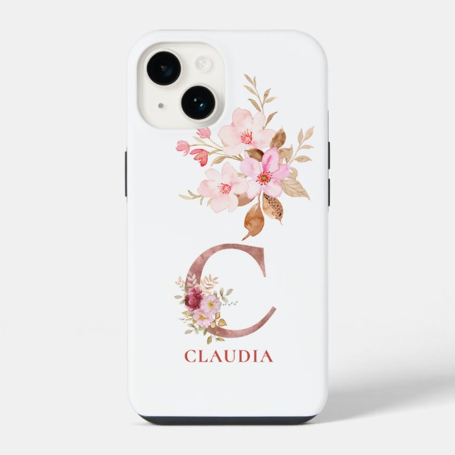 Floral Initial Personalized Name Elegant Monogram  iPhone Case (Back)