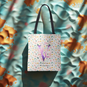 Floral Initial V Tote Bag with Boho Pastel Pattern