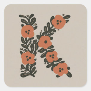 Floral Initial Wreath Monogram K Square Sticker