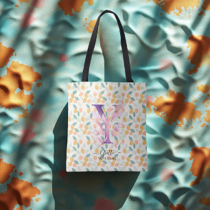 Floral Initial Y Tote Bag with Boho Pastel Pattern