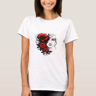 Floral Ink Beauty – Red & Black Tattoo Art T-Shirt