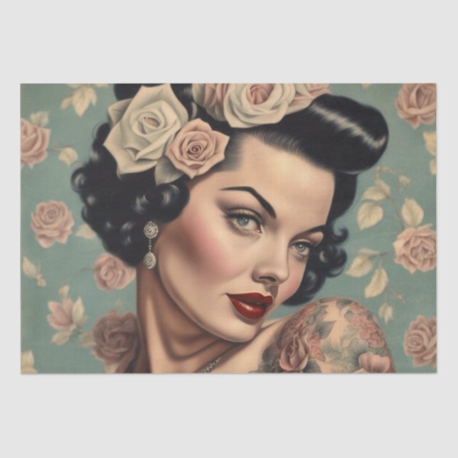 Floral Inked Beauty: A Pin-Up Decoupage Tissue Paper (Front)