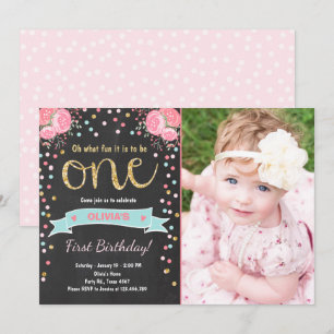 Floral invitation de premier anniversaire fille ro