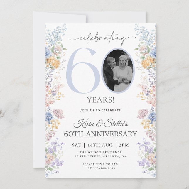 Floral Invitation du 60e anniversaire avec photo (Devant)
