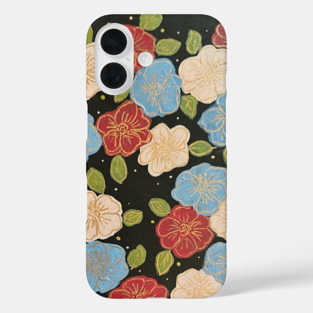 Floral iPhone case of blues, pinks, green and gold (Back)