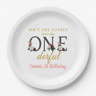 Floral Isn't She Lovely Onederful 1st Birthday Paper Plate