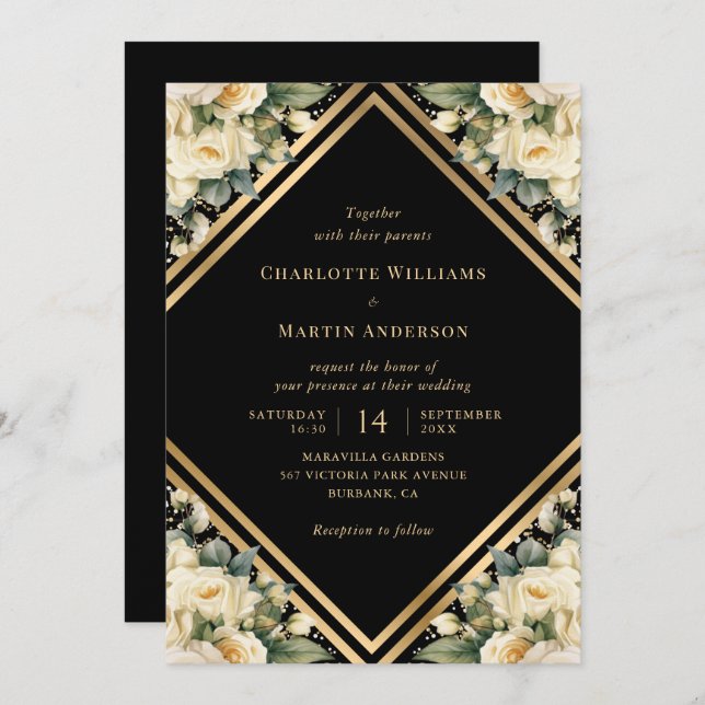 Floral Ivory Black Gold Confetti Geometric Wedding Invitation (Front/Back)
